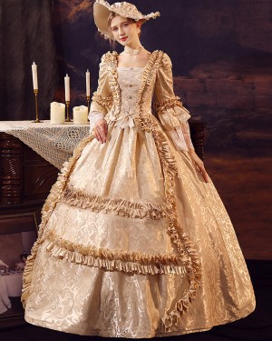 Ruched Gold Scoop Lace Victorian Rococo Evening Ball Gown with Flare Sleeves VD035