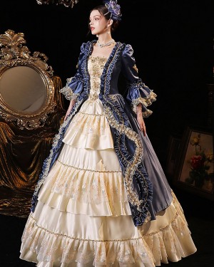 Satin Scoop Blue Ruched Layered Victorian Rococo Evening Ball Gown with Flare Sleeves VD036