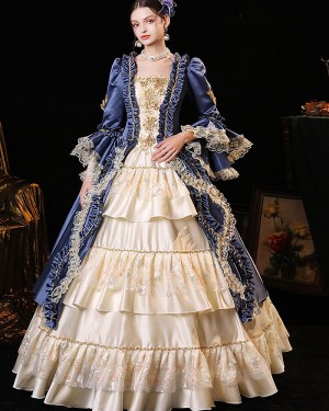 Satin Scoop Blue Ruched Layered Victorian Rococo Evening Ball Gown with Flare Sleeves VD036