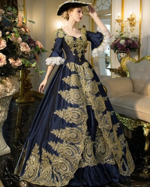 Scoop Appliqued Navy Blue Victorian Rococo Evening Ball Gown with Flare Sleeves VD037