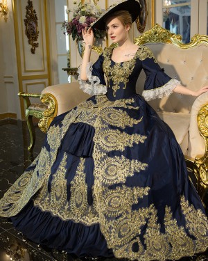 Scoop Appliqued Navy Blue Victorian Rococo Evening Ball Gown with Flare Sleeves VD037