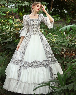 Scoop Lace Ruched Ivory Victorian Rococo Evening Ball Gown with Flare Sleeves VD038
