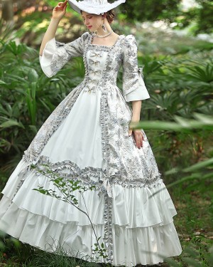 Scoop Lace Ruched Ivory Victorian Rococo Evening Ball Gown with Flare Sleeves VD038