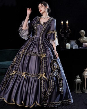 Satin Ruched Eggplant Victorian Rococo Evening Ball Gown with Flare Sleeves VD039
