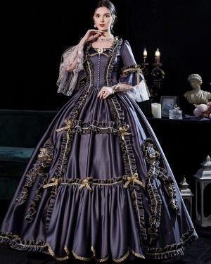 Satin Ruched Eggplant Victorian Rococo Evening Ball Gown with Flare Sleeves VD039