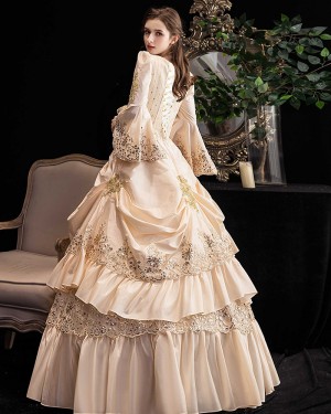 Applique Ruched Light Pink Medieval Victorian Rococo Evening Ball Gown with Flare Sleeves VD040
