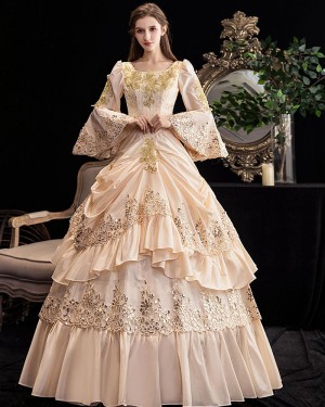 Applique Ruched Light Pink Medieval Victorian Rococo Evening Ball Gown with Flare Sleeves VD040