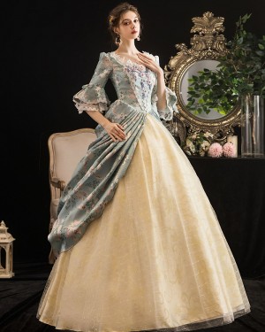 Ruched Lace Floral Medieval Victorian Rococo Evening Ball Gown with Flare Sleeves VD041