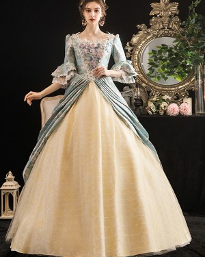 Ruched Lace Floral Medieval Victorian Rococo Evening Ball Gown with Flare Sleeves VD041