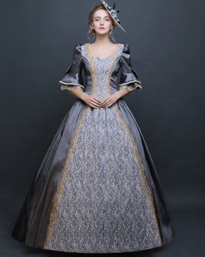 Lace Scoop Navy Blue Medieval Victorian Rococo Evening Ball Gown with Flare Sleeves VD042