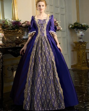Lace Scoop Navy Blue Medieval Victorian Rococo Evening Ball Gown with Flare Sleeves VD042