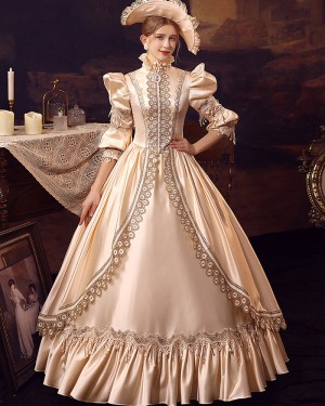 Lace Applique High Neck Satin Medieval Victorian Rococo Evening Ball Gown with 3/4 Length Sleeves VD043