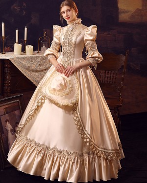 Lace Applique High Neck Satin Medieval Victorian Rococo Evening Ball Gown with 3/4 Length Sleeves VD043