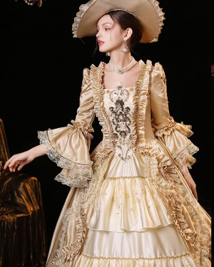 Ruched Lace Champagne Applique Satin Medieval Victorian Rococo Evening Ball Gown with Floral Sleeves VD044