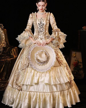 Ruched Lace Champagne Applique Satin Medieval Victorian Rococo Evening Ball Gown with Floral Sleeves VD044