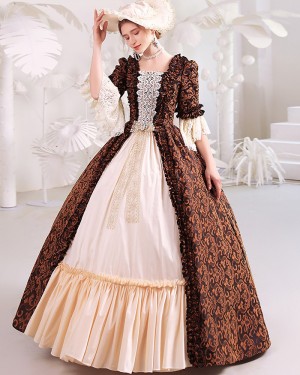 Ruched Blue Lace Applique Medieval Victorian Rococo Evening Ball Gown with Floral Sleeves VD045