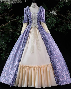 Ruched Blue Lace Applique Medieval Victorian Rococo Evening Ball Gown with Floral Sleeves VD045