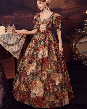 Floral Scoop Prink Medieval Victorian Evening Ball Gown with Short Sleeves VD046