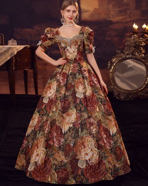 Floral Scoop Prink Medieval Victorian Evening Ball Gown with Short Sleeves VD046