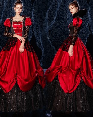 Black & Red Scoop Lace Sequin Medieval Gothic Victorian Dress with Lace Long Sleeves VD047
