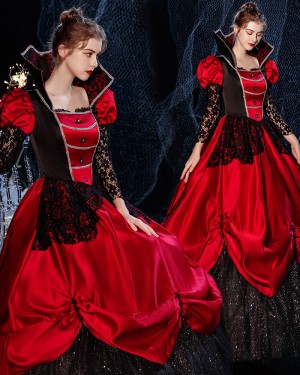 Black & Red Scoop Lace Sequin Medieval Gothic Victorian Dress with Lace Long Sleeves VD047