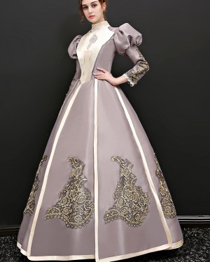 Lace Applique High Neck Medieval Gothic Victorian Queen Dress with Lace Long Sleeves VD048