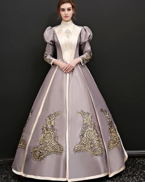 Lace Applique High Neck Medieval Gothic Victorian Queen Dress with Lace Long Sleeves VD048