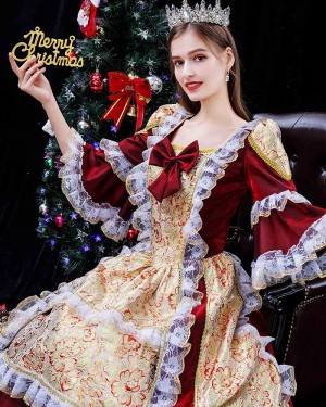 Square Neckline Burgundy Lace Applique Medieval Victorian Rococo with Flare Sleeves VD049