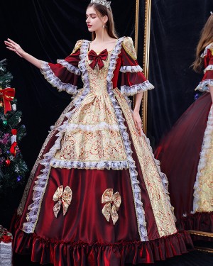 Square Neckline Burgundy Lace Applique Medieval Victorian Rococo with Flare Sleeves VD049