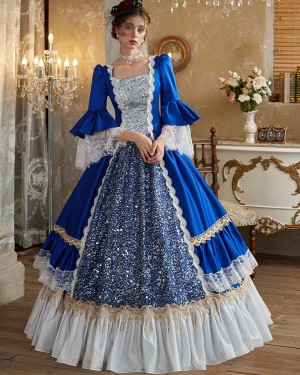 Sparkly Blue Square Neckline Sequin Medieval Victorian Rococo with Flare Sleeves VD050