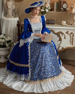 Sparkly Blue Square Neckline Sequin Medieval Victorian Rococo with Flare Sleeves VD050