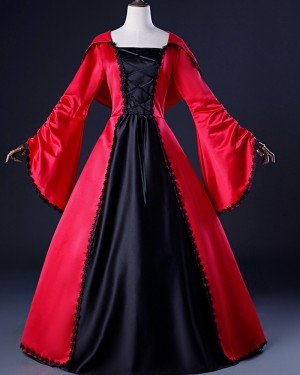 Red & Black Applique Satin Medieval Medieval Gothic Victorian Dress with Hood VD051