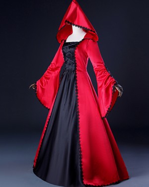Red & Black Applique Satin Medieval Medieval Gothic Victorian Dress with Hood VD051