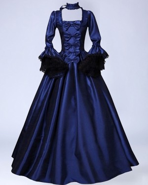 Blue Satin Scoop Medieval Medieval Gothic Victorian Dress with Bubble Sleeves VD052