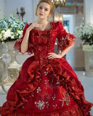 Burgundy Victorian Rococo Ruched Beading Costume Dress with Short Sleeves VD081