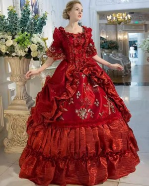 Burgundy Victorian Rococo Ruched Beading Costume Dress with Short Sleeves VD081