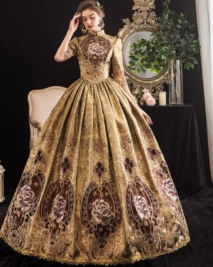 High Neck Brocade Floral Pleated Ball Gown with Half Length Sleeves VD094