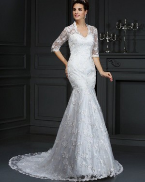 Ivory Queen Anne Lace Appliqued Mermaid Wedding Dress with Half Length Sleeves WD2003