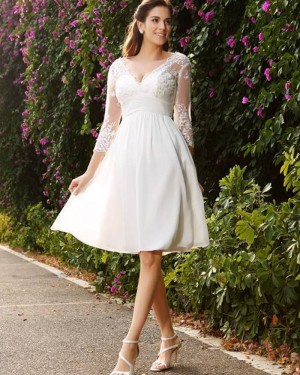 Chiffon Short V-neck Knee Length Appliqued Empire Wedding Dress with 3/4 Length Sleeves WD2006