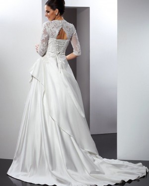 Ruffled Queen Anne Lace Bodice Satin Wedding Gown with Half Length Sleeves WD2007