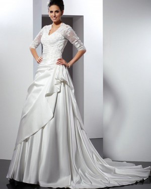 Ruffled Queen Anne Lace Bodice Satin Wedding Gown with Half Length Sleeves WD2007