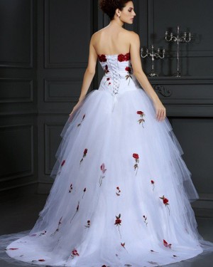 White Strapless Tulle Appliqued Layered Wedding Gown WD2009