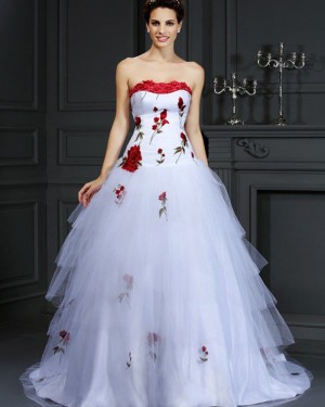 White Strapless Tulle Appliqued Layered Wedding Gown WD2009