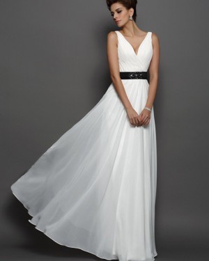 Beach V-neck Pleated Ivory Tulle Wedding Dress with Black Beading Belt WD2010