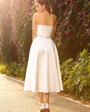Simple Tea Length Strapless Ivory Ruched Short Wedding Dress with Beading Sash WD2011
