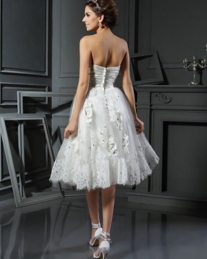 Short Sweetheart Ruched Lace Appliqued Wedding Dress with 3D Flowers WD2014