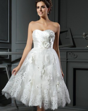 Short Sweetheart Ruched Lace Appliqued Wedding Dress with 3D Flowers WD2014