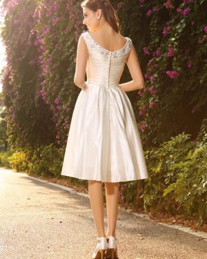 Knee Length V-neck Beading Ruched Satin Ivory Short Wedding Dress WD2016