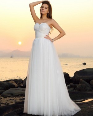 Simple Sweetheart Ruched Ivory Tulle Beach Wedding Dress WD2017