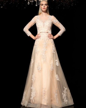 Beading Jewel Champagne Appliqued Wedding Dress with 3/4 Length Sleeves WD2019